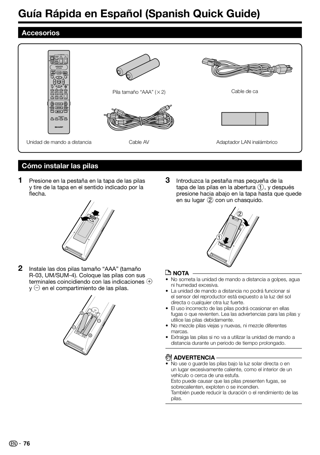 Sharp BD-HP70U, TINSEA548WJQZ, 10P03-CH-NG operation manual Guía Rápida en Español Spanish Quick Guide, Accesorios 