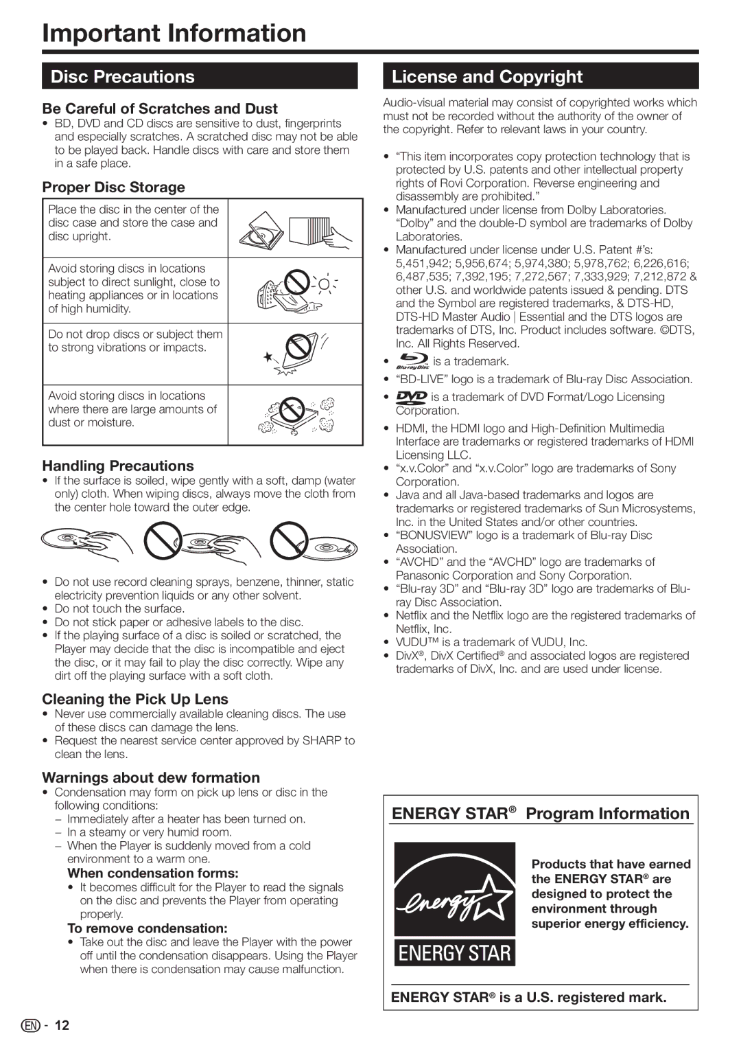 Sharp BD-HP80U Important Information, Disc Precautions, License and Copyright, Energy Star Program Information 