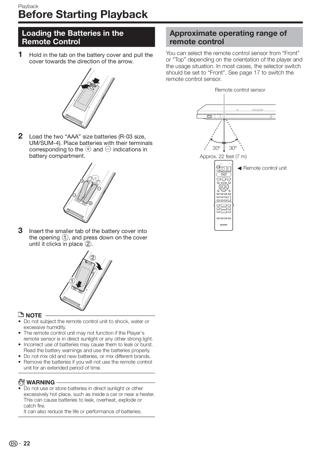 Sharp BD-HP80U Before Starting Playback, Loading the Batteries, Approximate operating range, Remote Control 