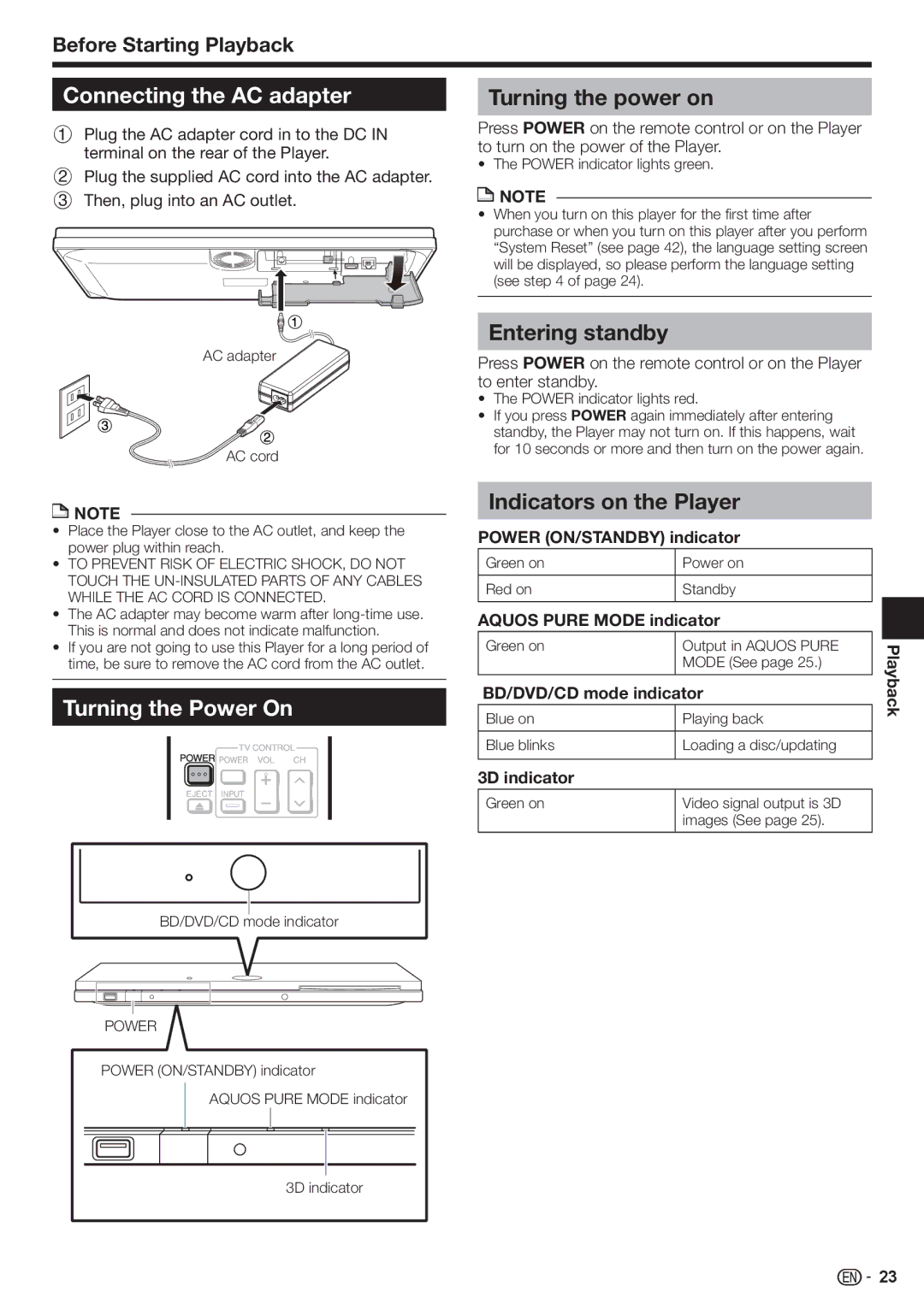 Sharp BD-HP80U operation manual Connecting the AC adapter, Turning the power on, Turning the Power On, Entering standby 