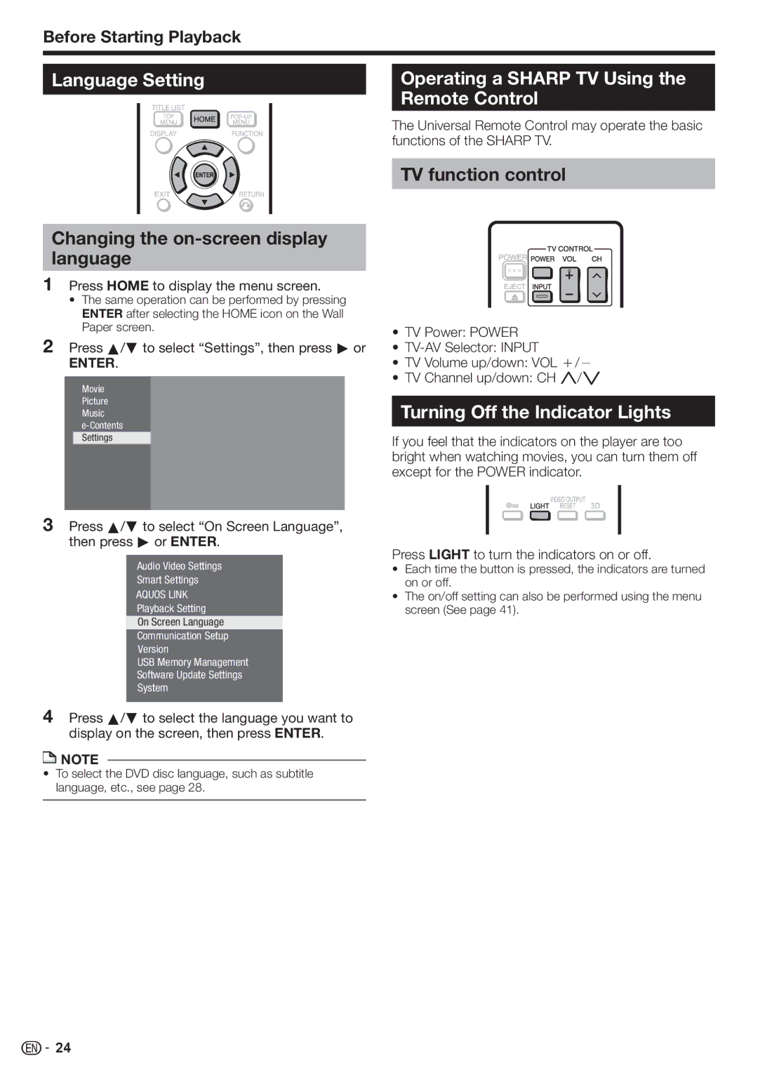 Sharp BD-HP80U Language Setting, Changing the on-screen display language, Operating a Sharp TV Using the Remote Control 