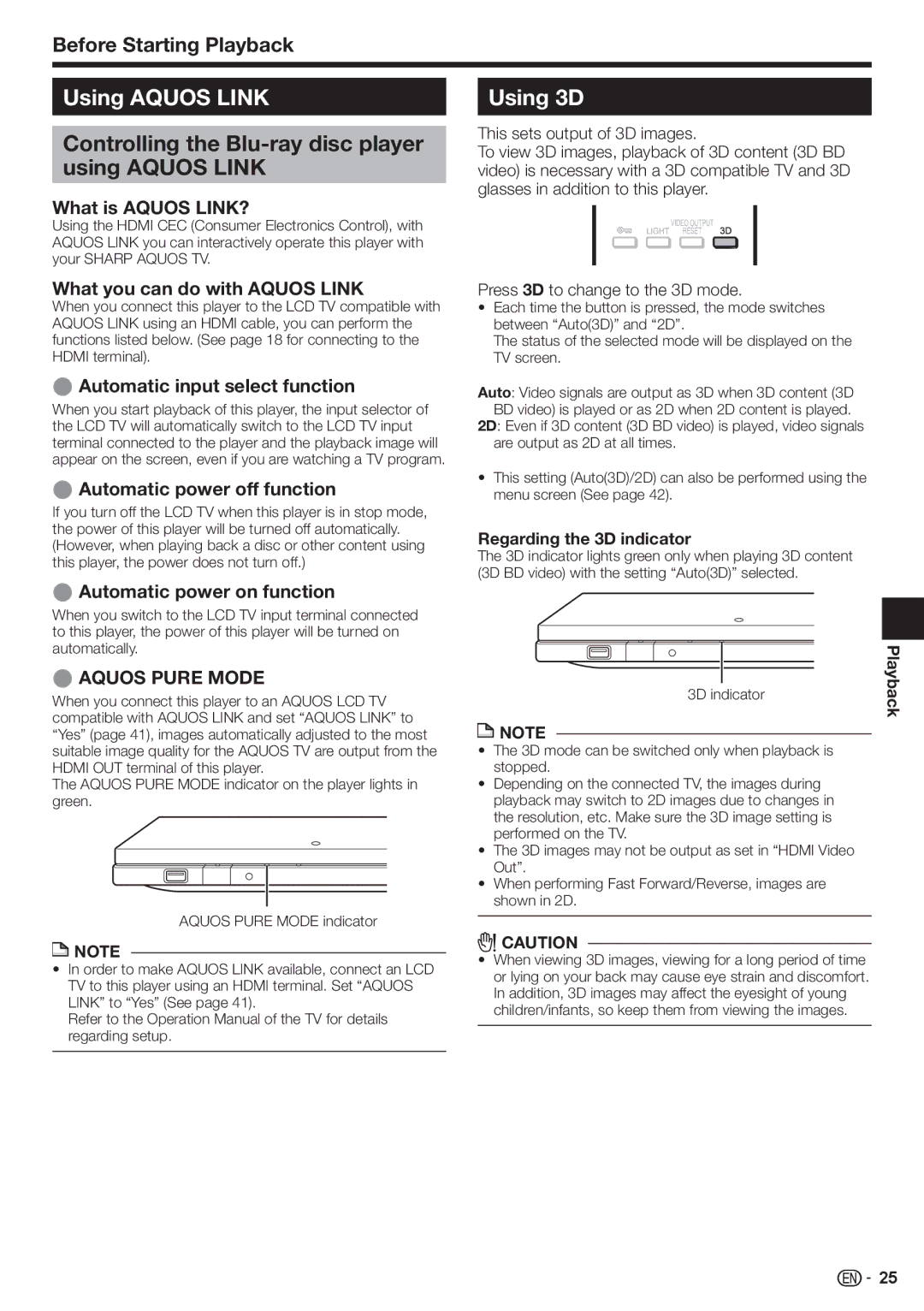 Sharp BD-HP80U operation manual Using Aquos Link, Controlling the Blu-ray disc player using Aquos Link, Using 3D 