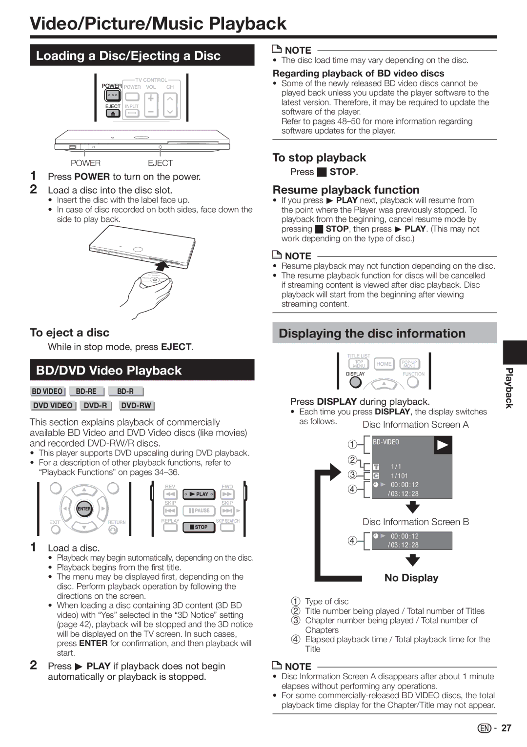 Sharp BD-HP80U operation manual Video/Picture/Music Playback, Loading a Disc/Ejecting a Disc, BD/DVD Video Playback 