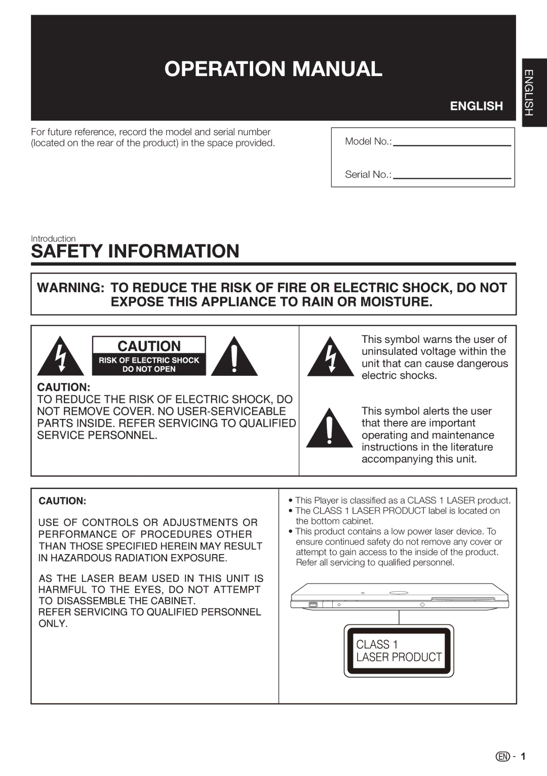 Sharp BD-HP80U operation manual Model No Serial No, Introduction 