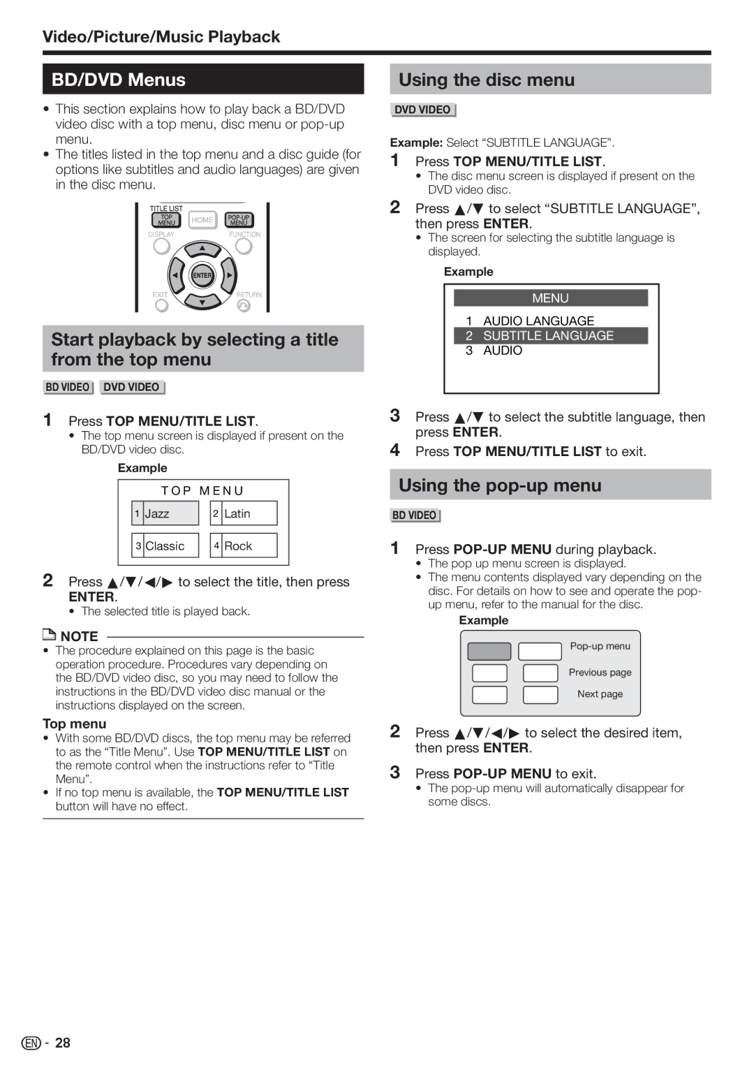 Sharp BD-HP80U operation manual BD/DVD Menus, Start playback by selecting a title from the top menu, Using the disc menu 