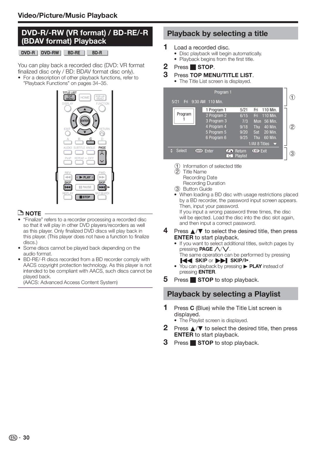 Sharp BD-HP80U operation manual DVD-R/-RW VR format / BD-RE/-R Bdav format Playback, Playback by selecting a title 