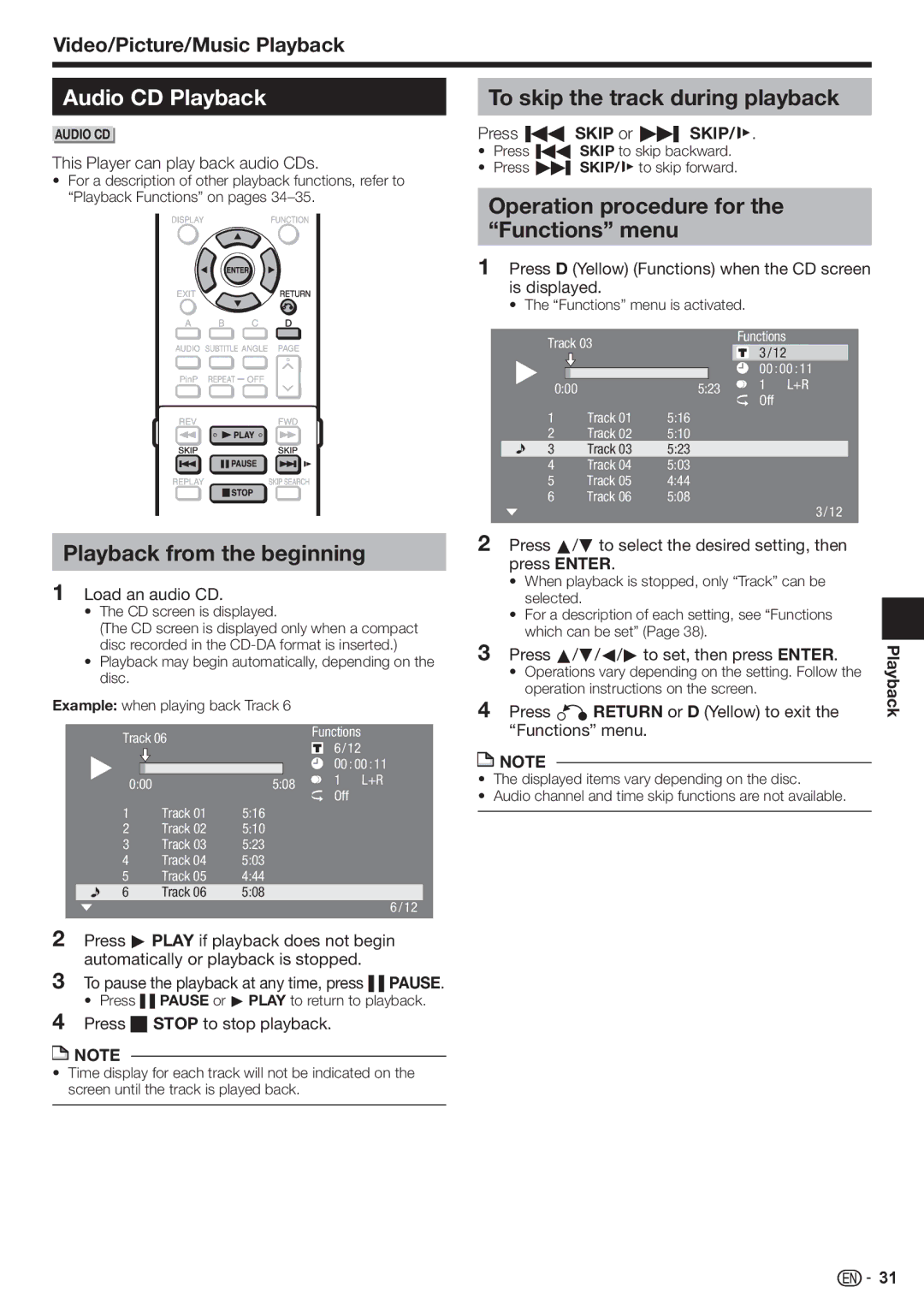 Sharp BD-HP80U Audio CD Playback, Playback from the beginning, To skip the track during playback, Press Kskip or LSKIP/l 