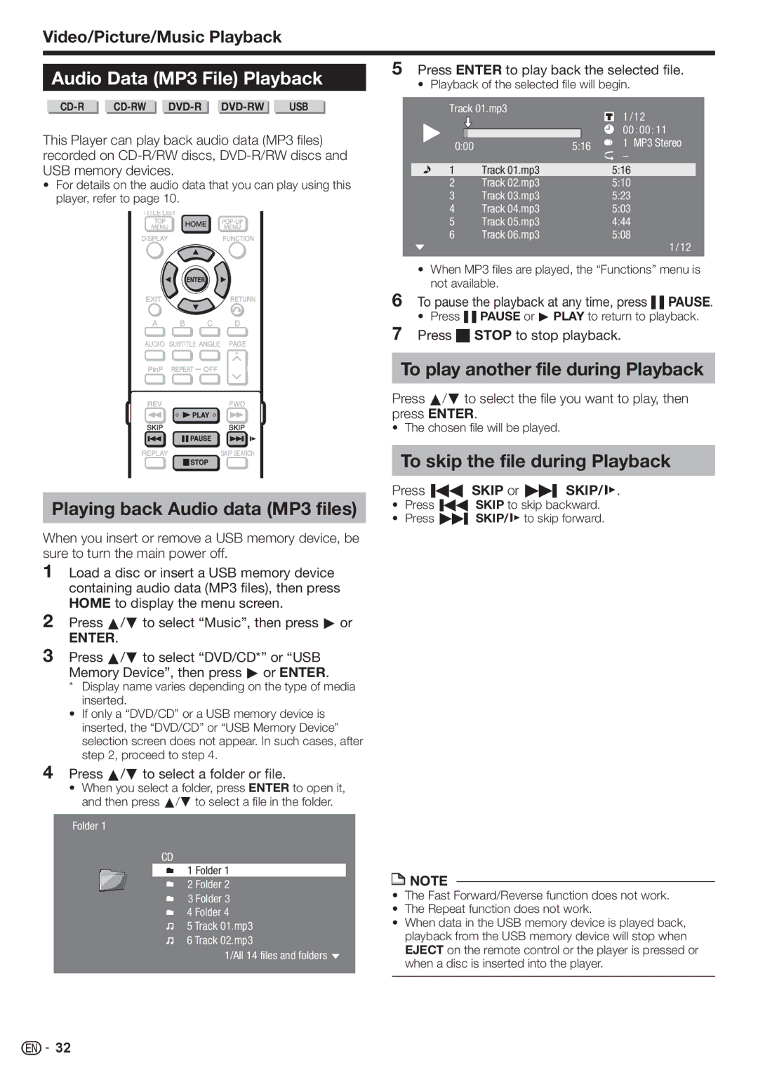 Sharp BD-HP80U Audio Data MP3 File Playback, Playing back Audio data MP3 files, To play another file during Playback 