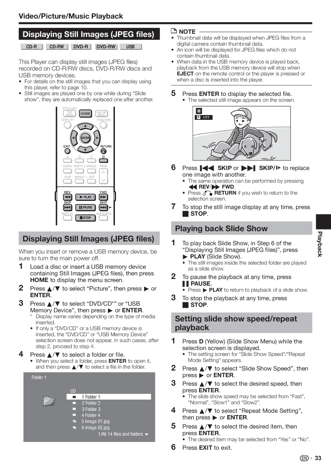 Sharp BD-HP80U Playing back Slide Show Displaying Still Images Jpeg files, Setting slide show speed/repeat playback 