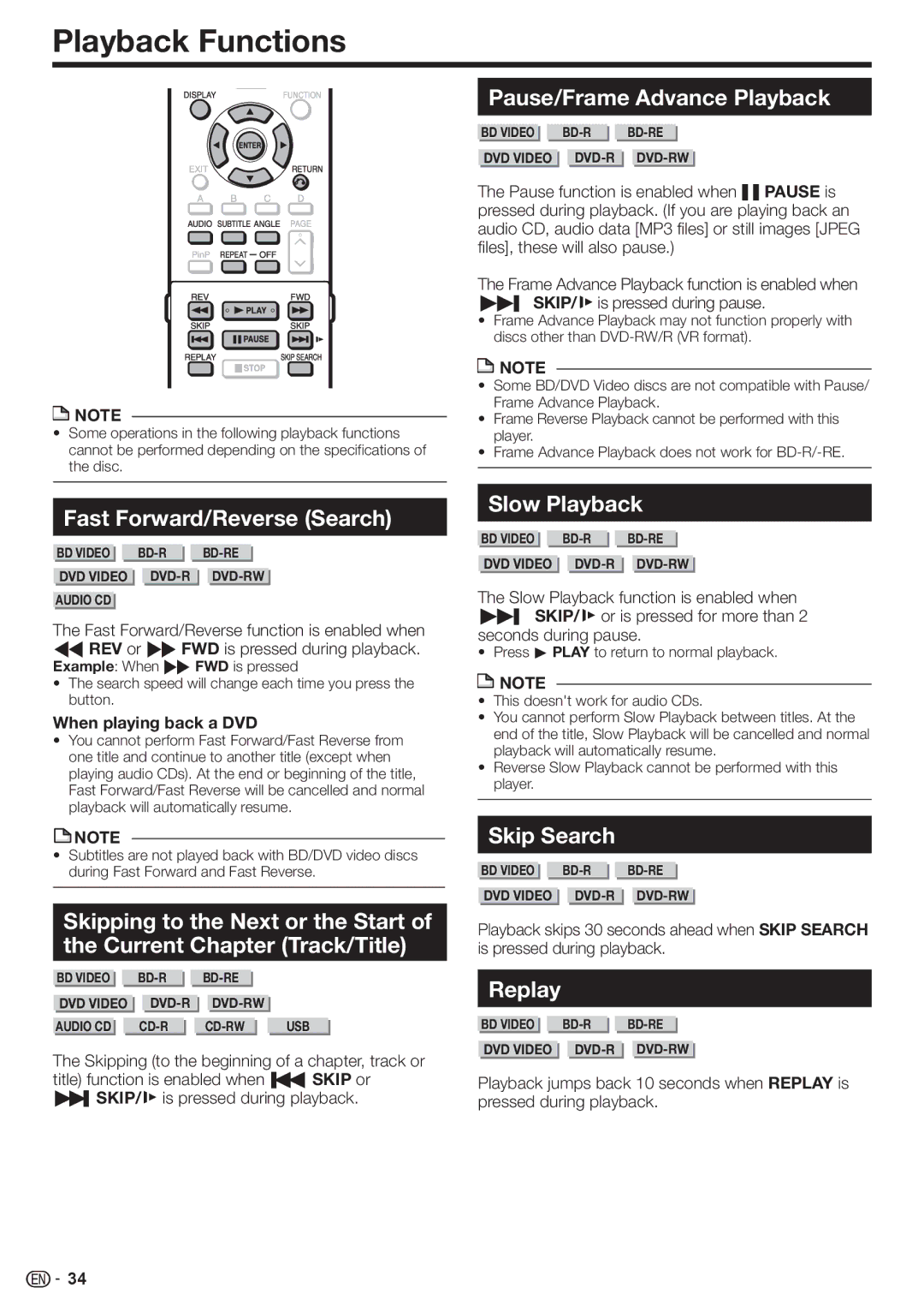 Sharp BD-HP80U operation manual Playback Functions 