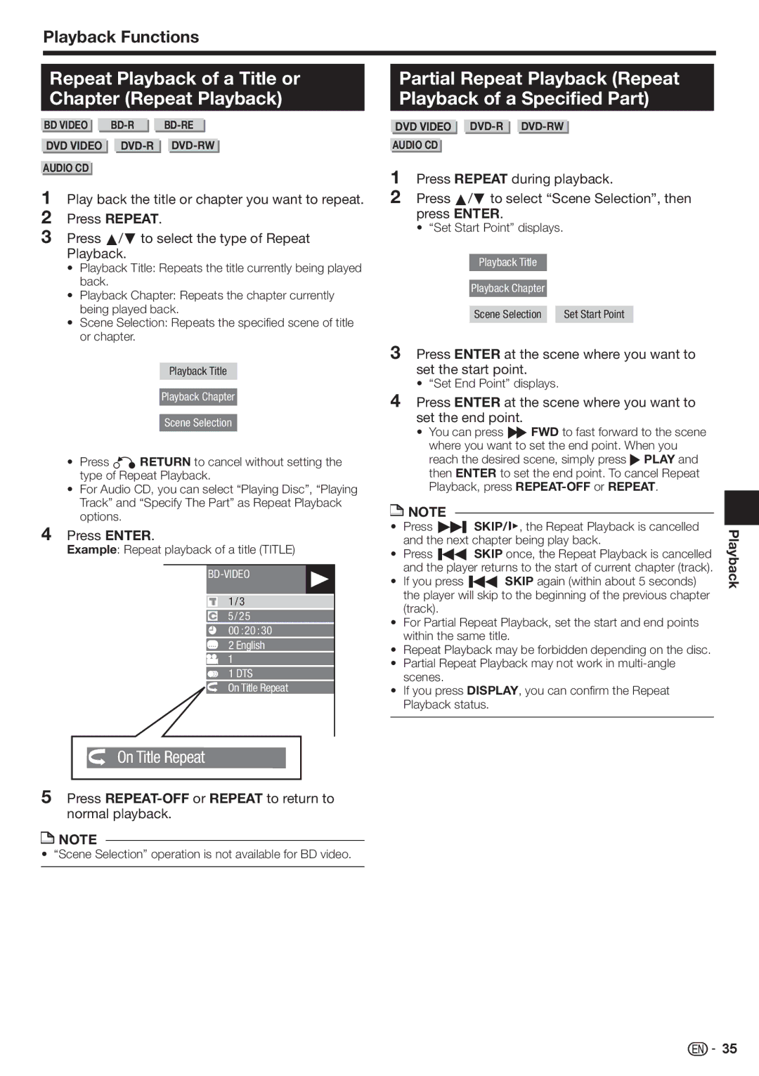 Sharp BD-HP80U operation manual Repeat Playback of a Title or Chapter Repeat Playback, Playback Functions, Press Enter 