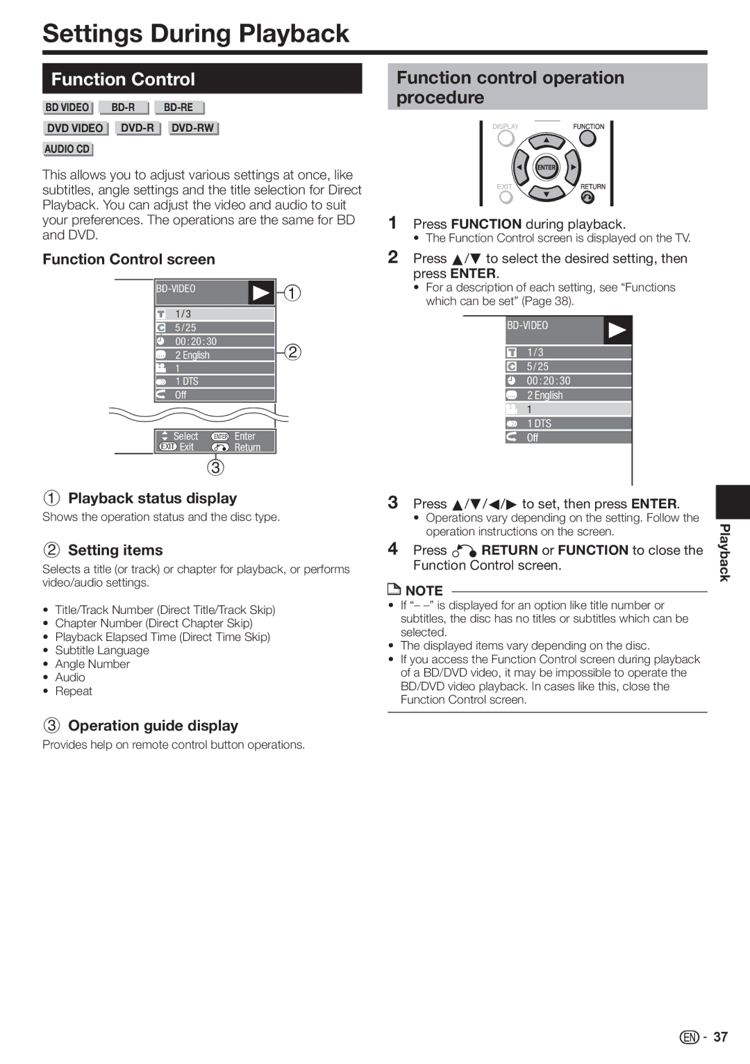 Sharp BD-HP80U operation manual Settings During Playback, Function Control, Function control operation procedure 