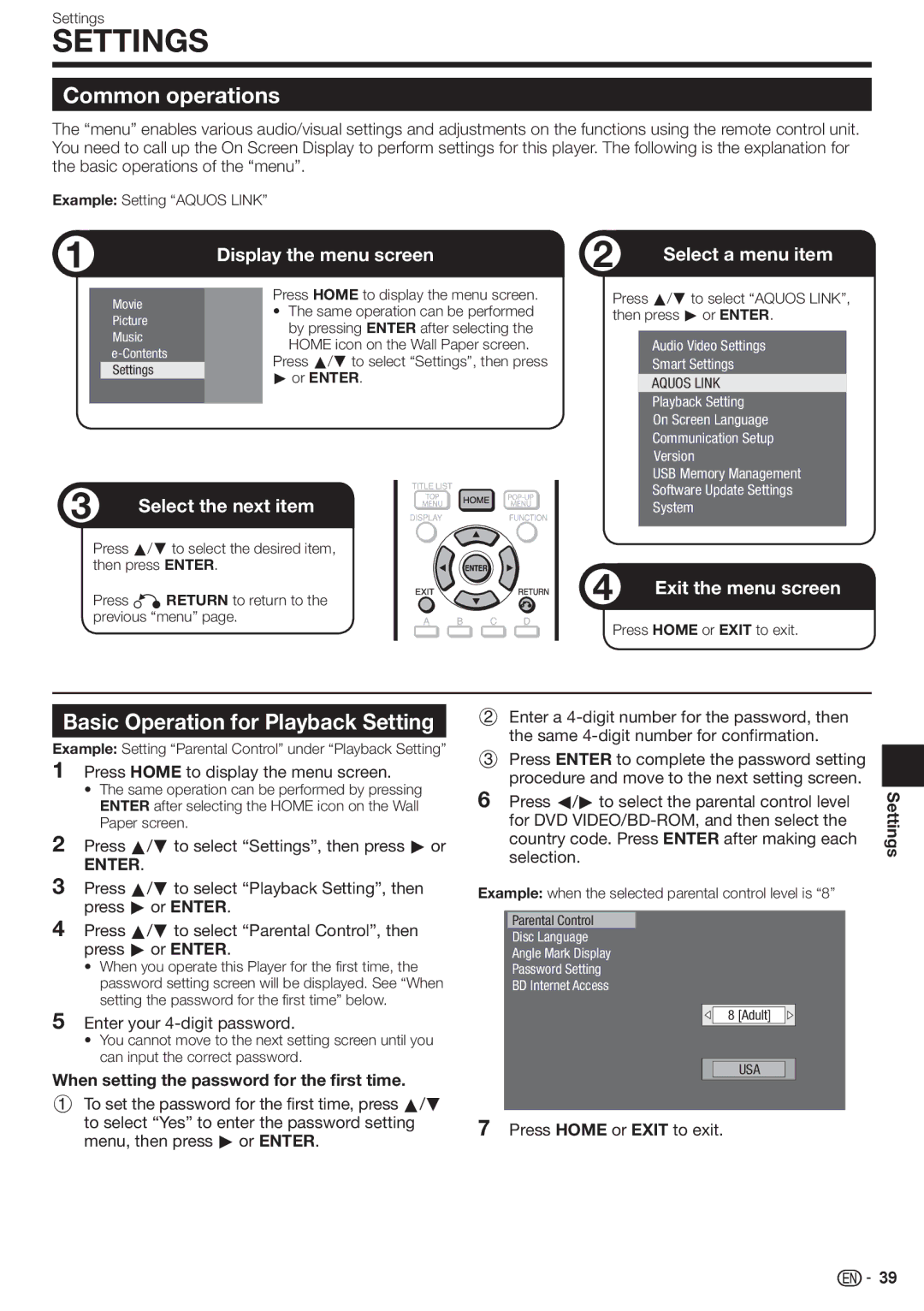 Sharp BD-HP80U Common operations, Basic Operation for Playback Setting, When setting the password for the first time 