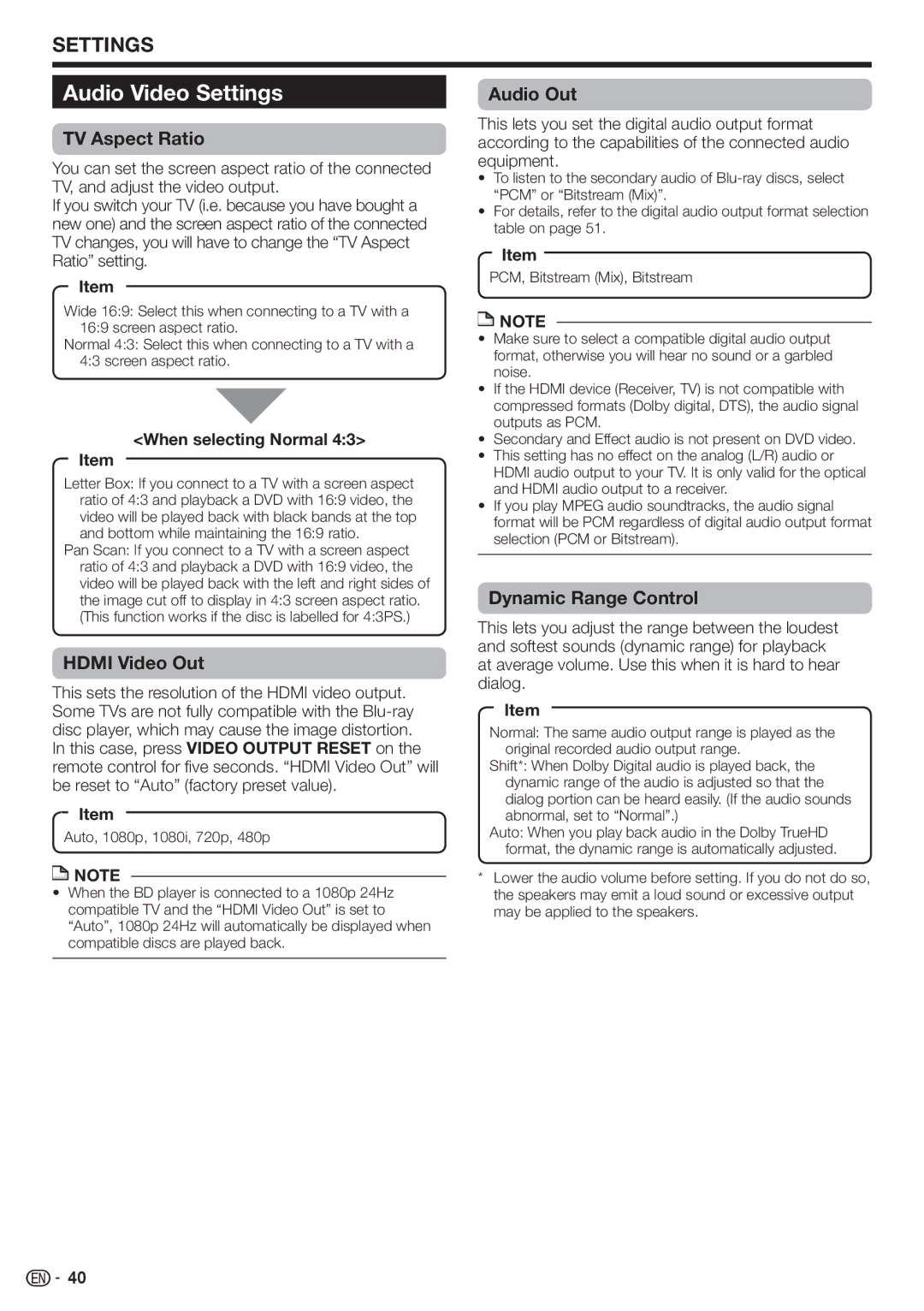 Sharp BD-HP80U operation manual Audio Video Settings, TV Aspect Ratio, Hdmi Video Out, Audio Out, Dynamic Range Control 