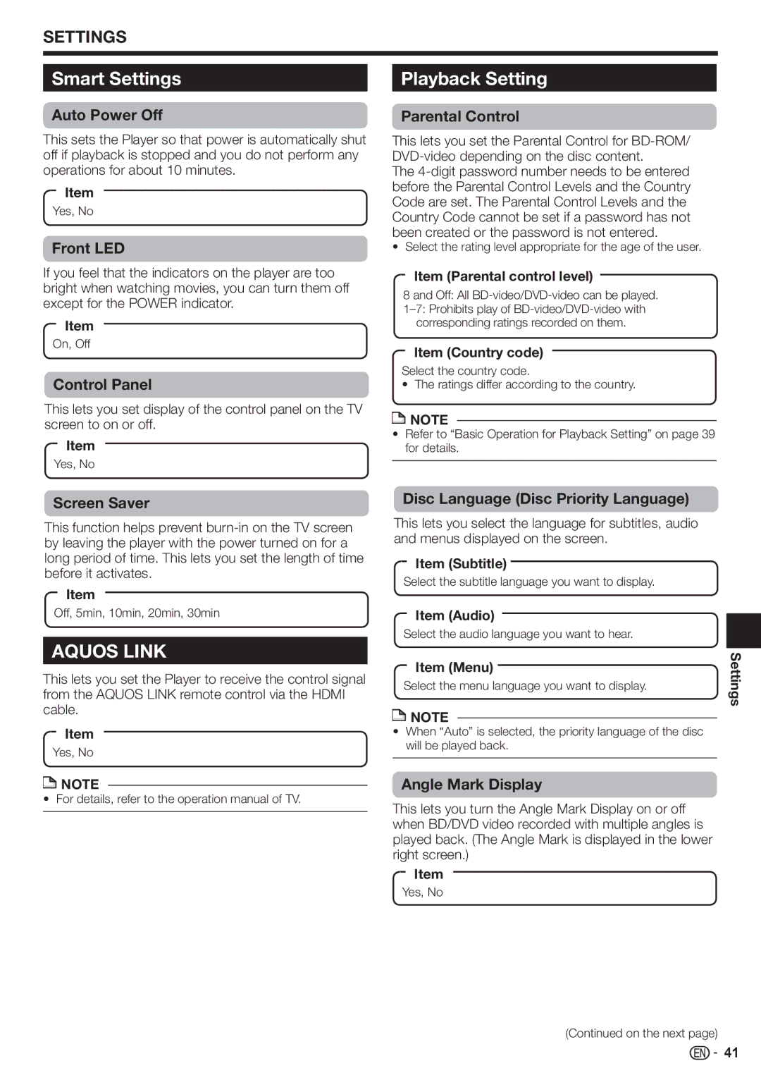 Sharp BD-HP80U operation manual Smart Settings, Playback Setting 