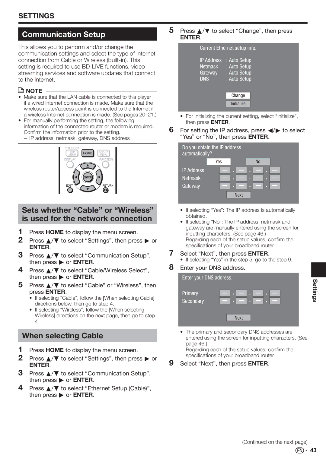 Sharp BD-HP80U operation manual Communication Setup, When selecting Cable, Settings 