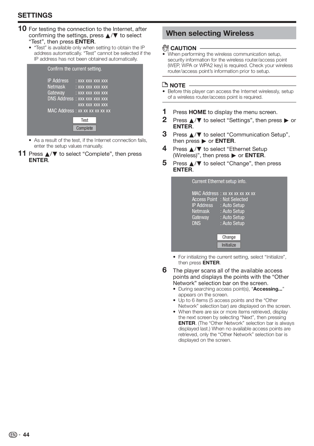 Sharp BD-HP80U operation manual When selecting Wireless, Press a/b to select Complete, then press 