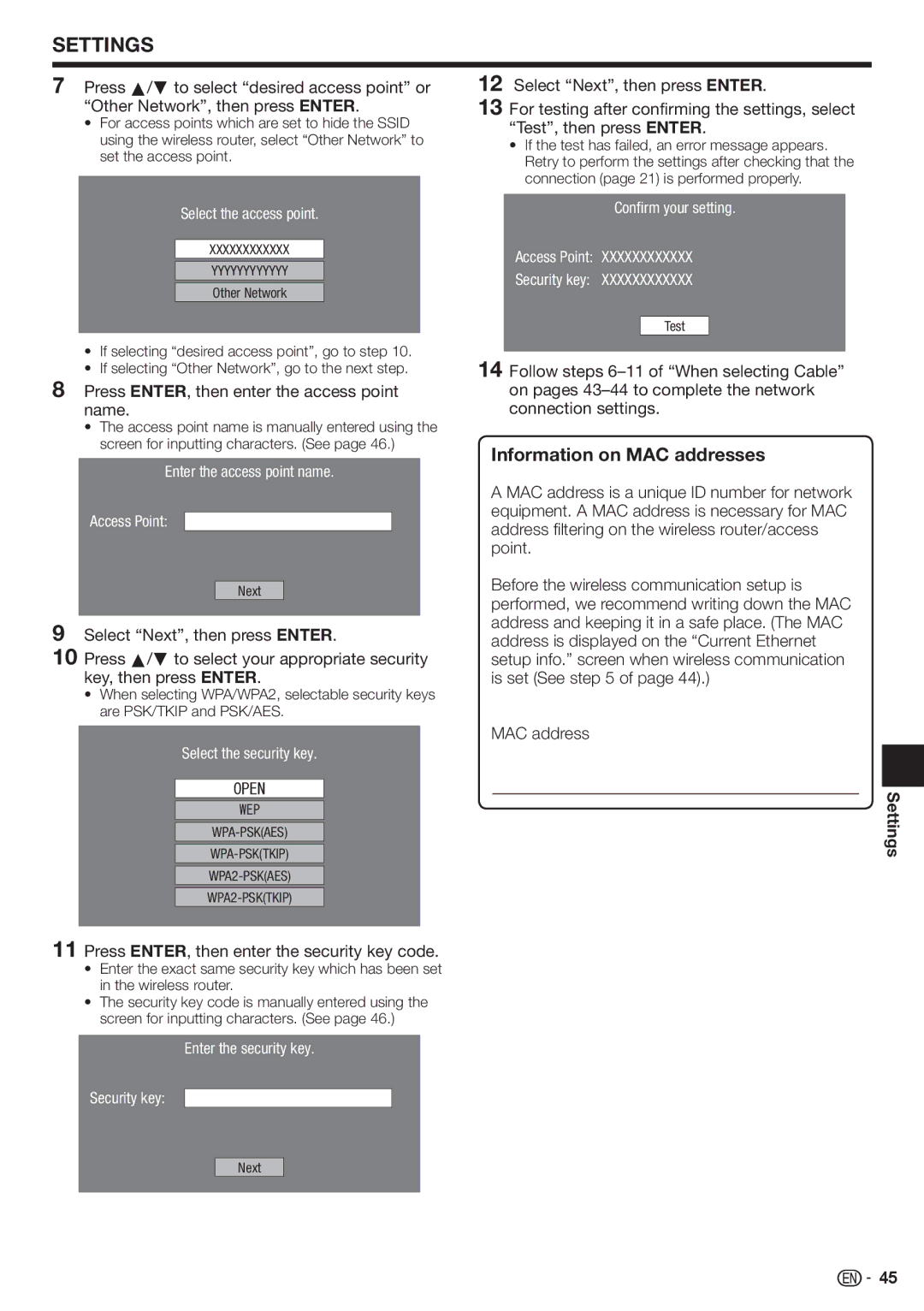 Sharp BD-HP80U operation manual Information on MAC addresses, Confirm your setting Access Point Security key 