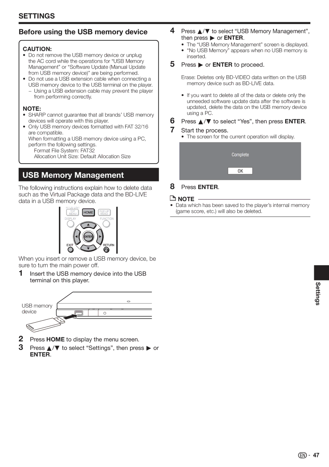 Sharp BD-HP80U operation manual USB Memory Management, Before using the USB memory device, Press d or Enter to proceed 