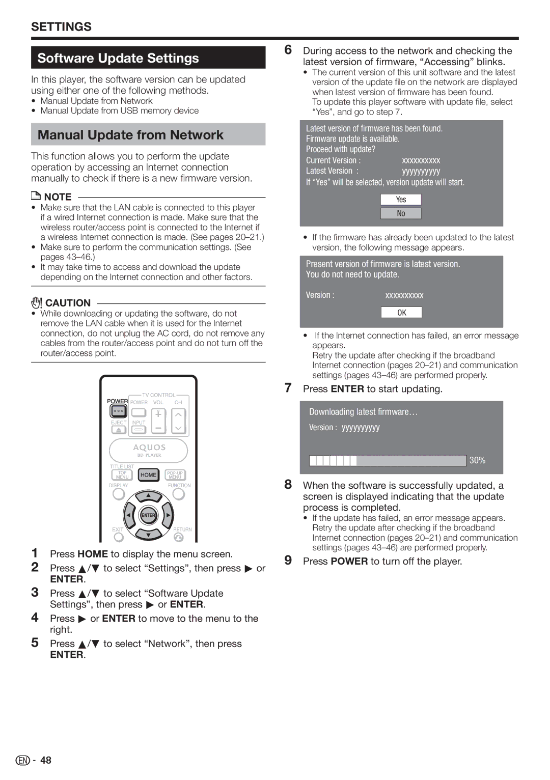 Sharp BD-HP80U operation manual Software Update Settings, Manual Update from Network, Press Enter to start updating 