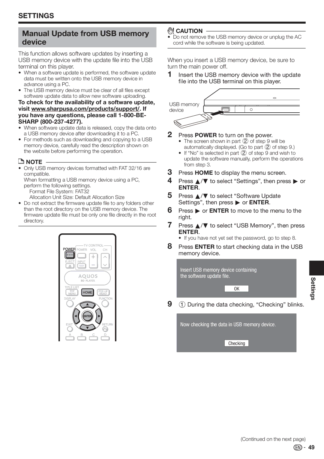 Sharp BD-HP80U operation manual Manual Update from USB memory device, Press Power to turn on the power 