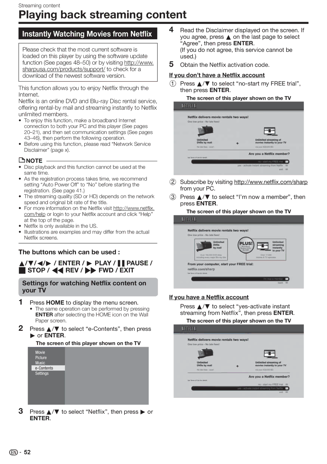 Sharp BD-HP80U operation manual Playing back streaming content, Instantly Watching Movies from Netflix 