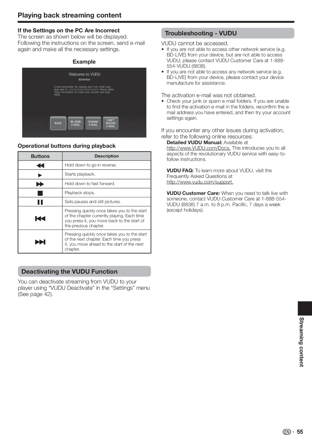 Sharp BD-HP80U Troubleshooting Vudu, Deactivating the Vudu Function, Example Operational buttons during playback 