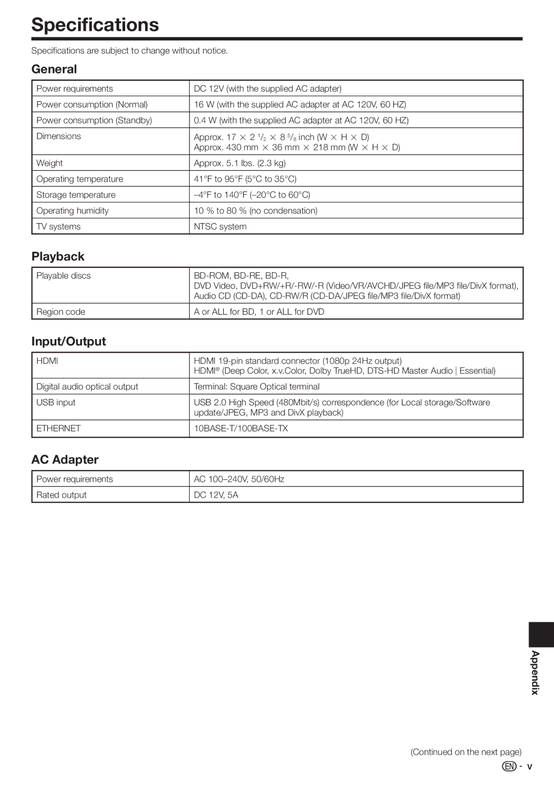 Sharp BD-HP80U operation manual Specifications, General, Input/Output, AC Adapter 