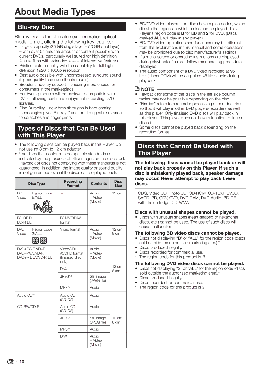 Sharp BD-HP90S operation manual About Media Types, Blu-ray Disc, Types of Discs that Can Be Used with This Player 