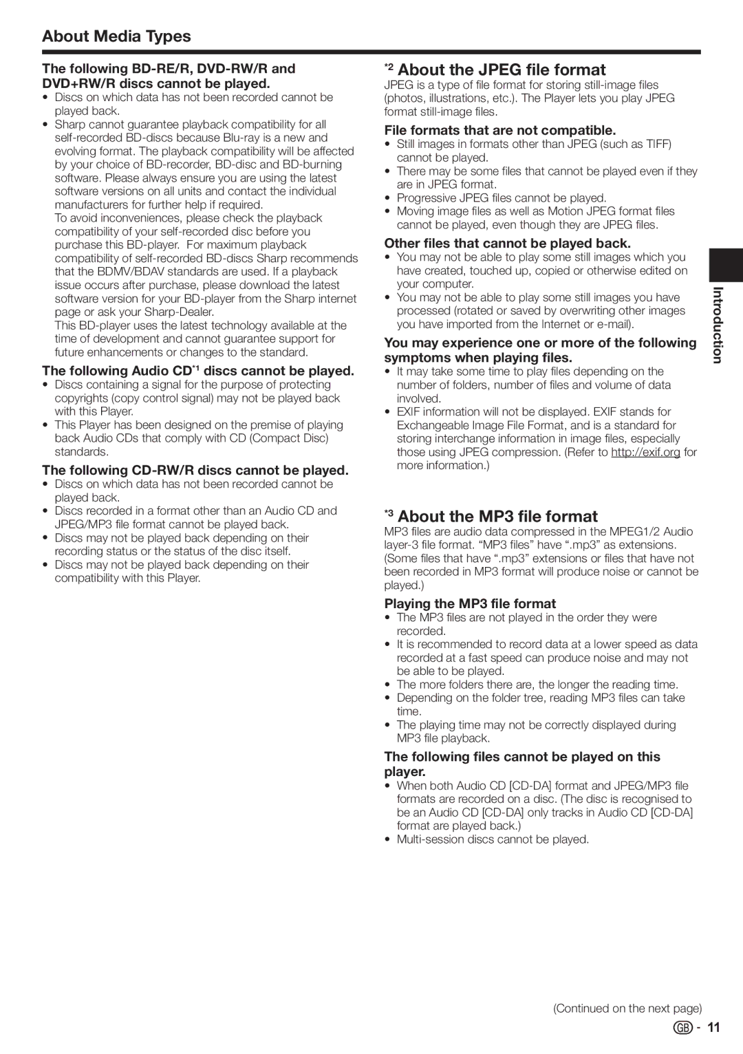 Sharp BD-HP90S operation manual About Media Types, About the Jpeg file format, About the MP3 file format 