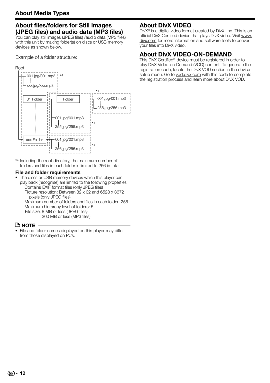 Sharp BD-HP90S operation manual About DivX VIDEO-ON-DEMAND, Example of a folder structure, File and folder requirements 