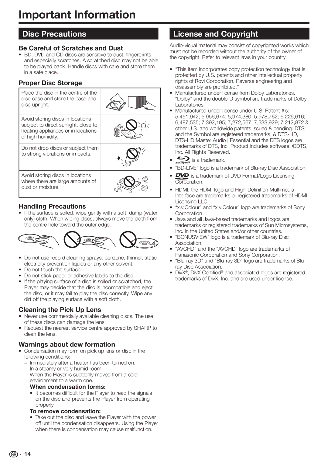 Sharp BD-HP90S operation manual Important Information, Disc Precautions, License and Copyright 