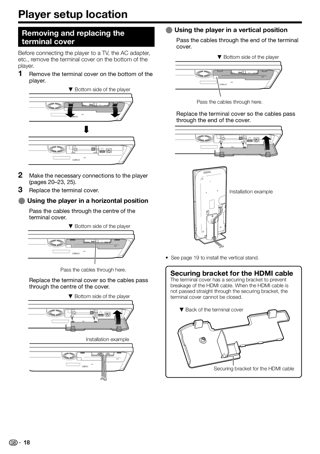 Sharp BD-HP90S Player setup location, Removing and replacing the terminal cover, Securing bracket for the Hdmi cable 