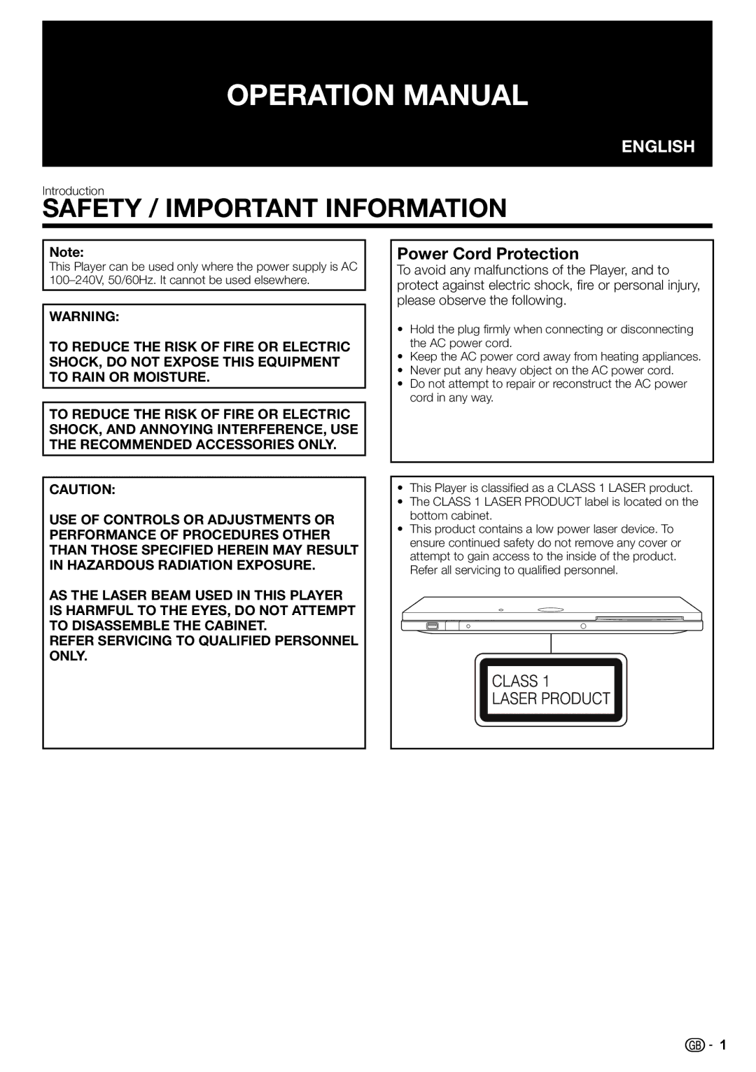 Sharp BD-HP90S operation manual Power Cord Protection, Introduction 