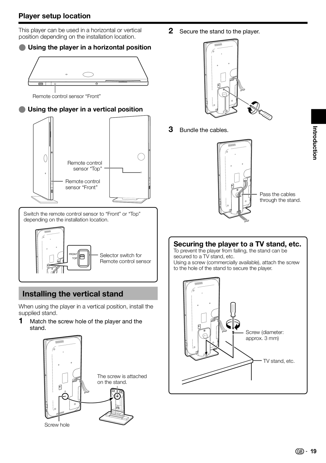 Sharp BD-HP90S Installing the vertical stand, Player setup location, Securing the player to a TV stand, etc 