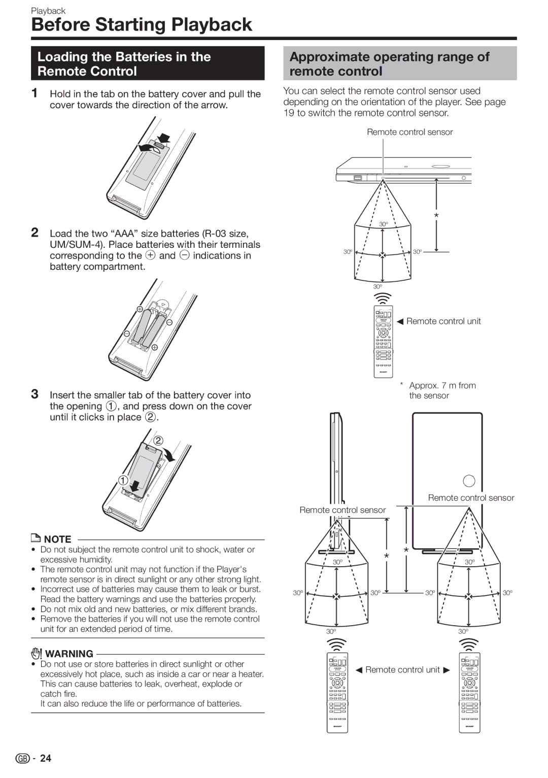 Sharp BD-HP90S operation manual Before Starting Playback, Loading the Batteries in the Remote Control 