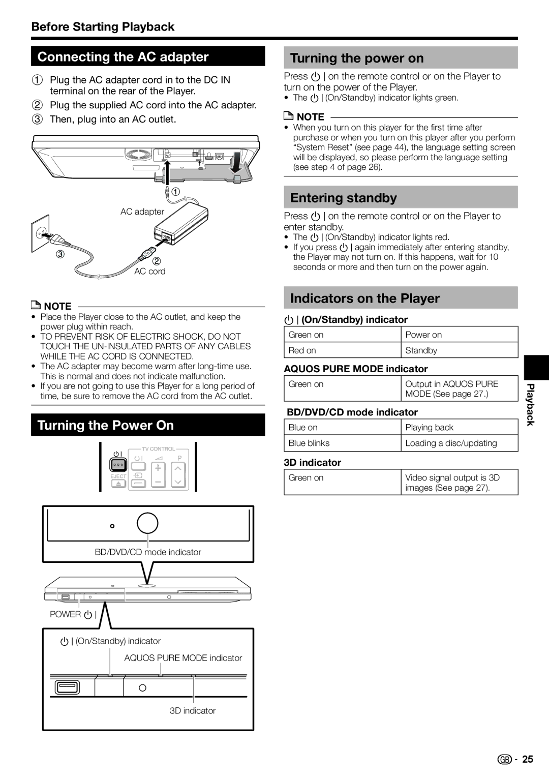 Sharp BD-HP90S operation manual Connecting the AC adapter, Turning the power on, Turning the Power On, Entering standby 