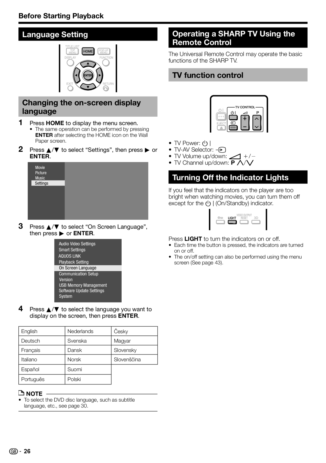 Sharp BD-HP90S Language Setting, Changing the on-screen display language, Operating a Sharp TV Using the Remote Control 