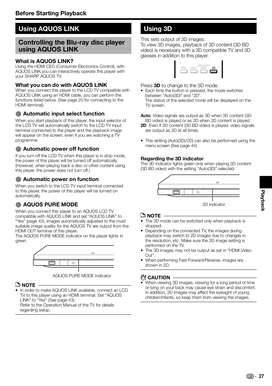 Sharp BD-HP90S operation manual Using Aquos Link, Controlling the Blu-ray disc player using Aquos Link, Using 3D 