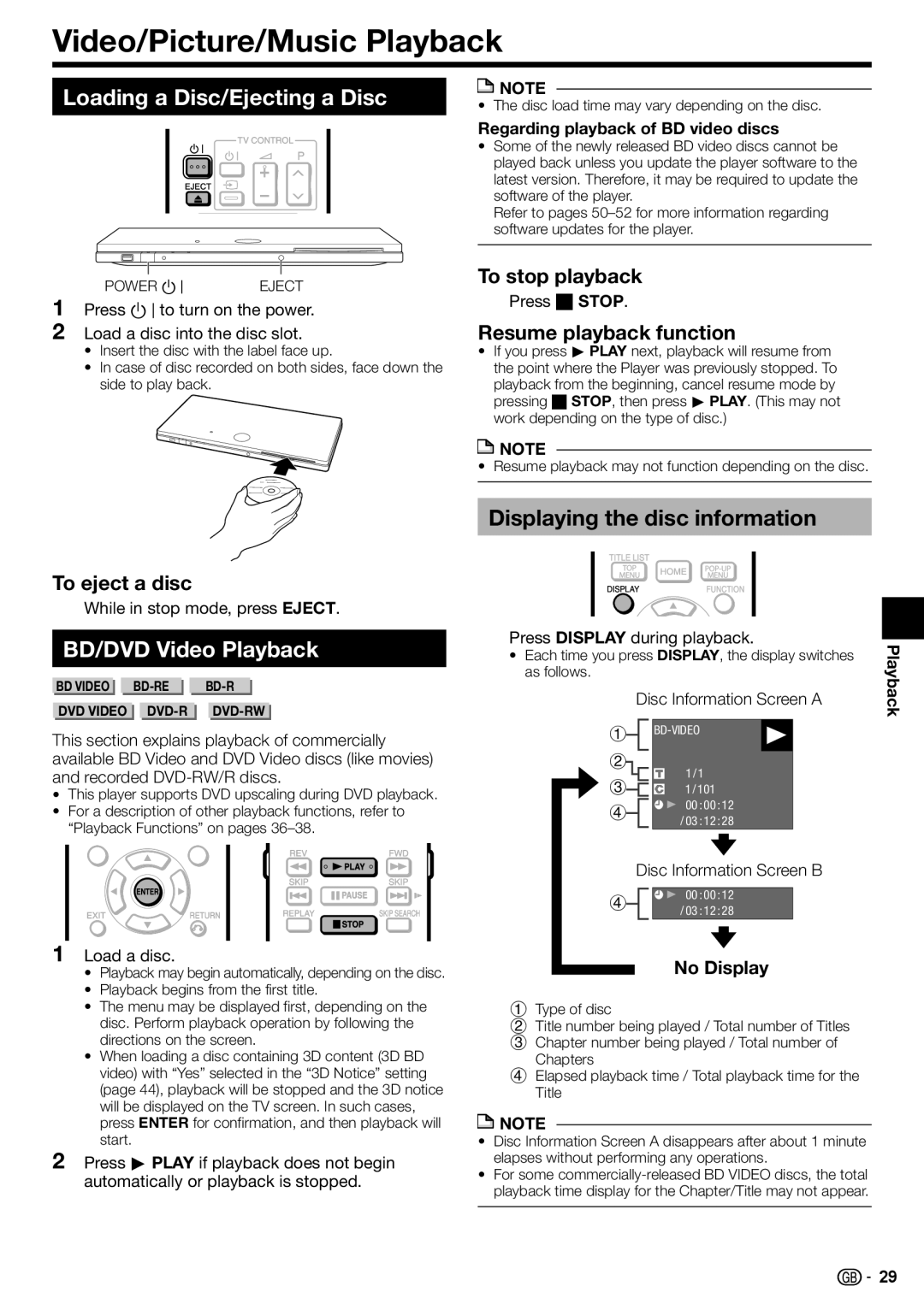 Sharp BD-HP90S operation manual Video/Picture/Music Playback, Loading a Disc/Ejecting a Disc, BD/DVD Video Playback 