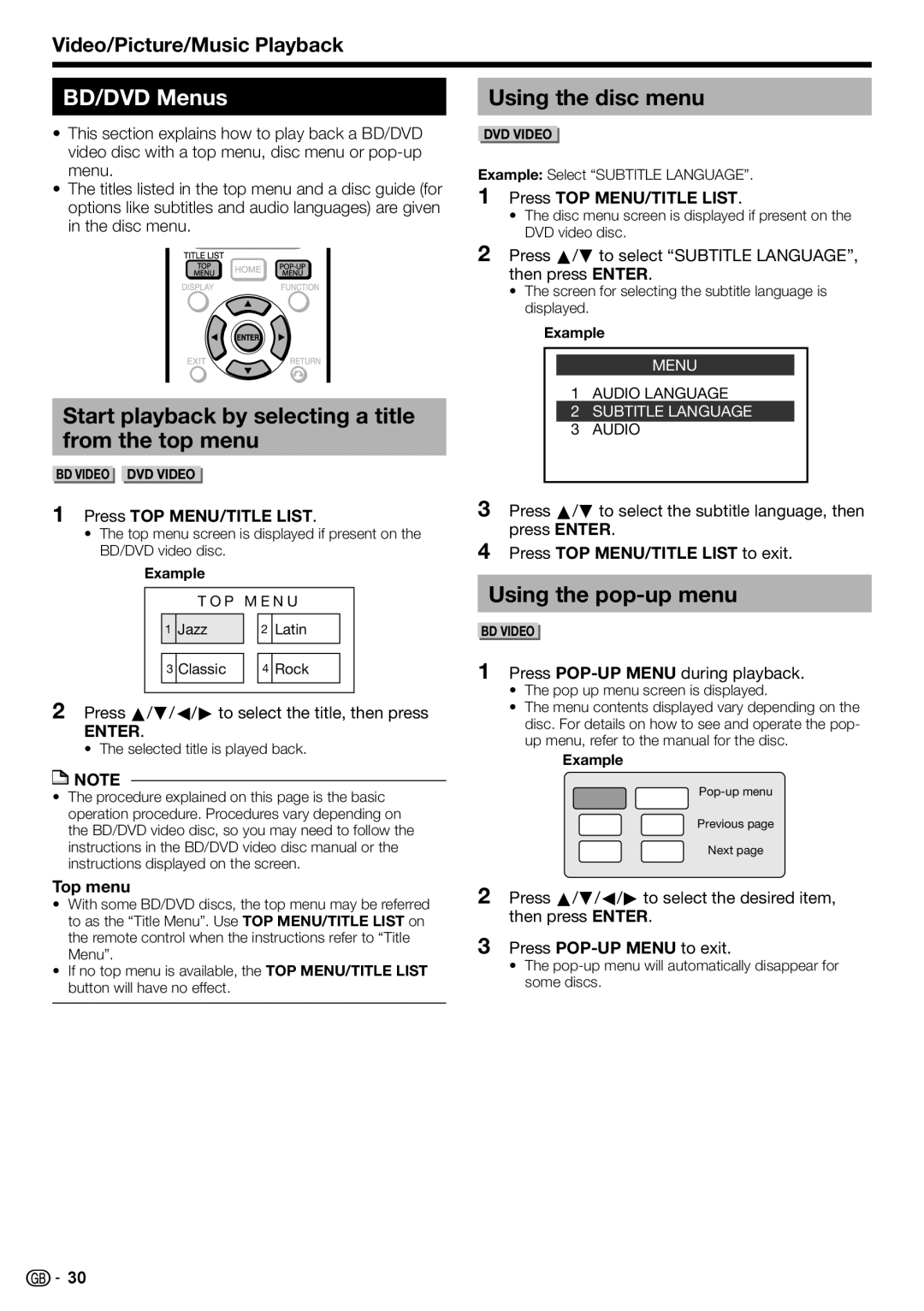 Sharp BD-HP90S operation manual BD/DVD Menus, Start playback by selecting a title from the top menu, Using the disc menu 