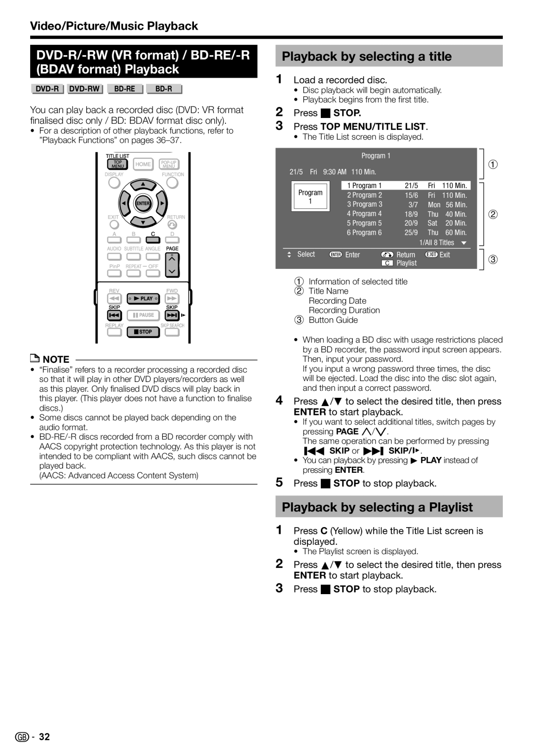 Sharp BD-HP90S operation manual DVD-R/-RW VR format / BD-RE/-R Bdav format Playback, Playback by selecting a title 