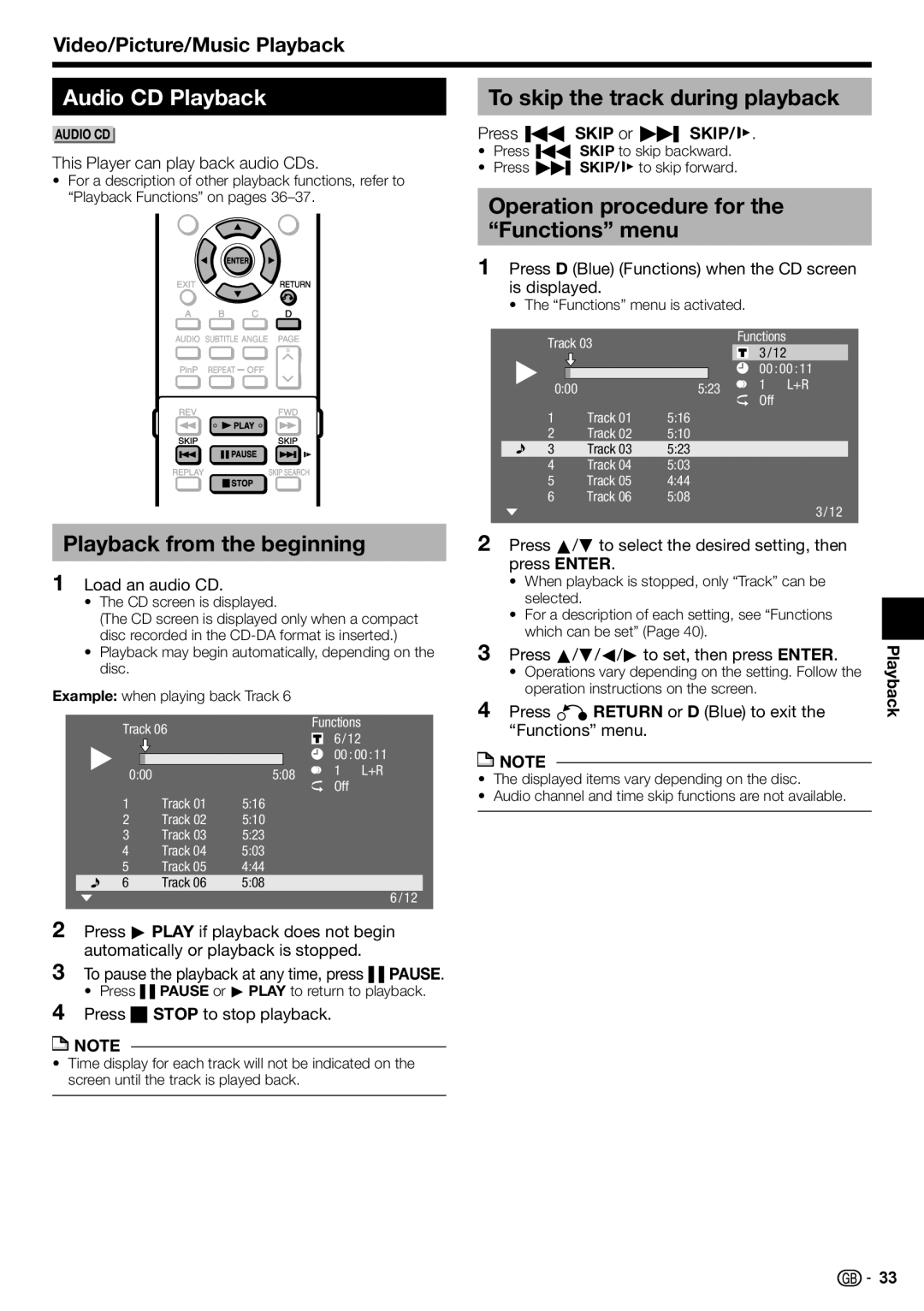 Sharp BD-HP90S Audio CD Playback, Playback from the beginning, To skip the track during playback, Press Kskip or LSKIP/l 