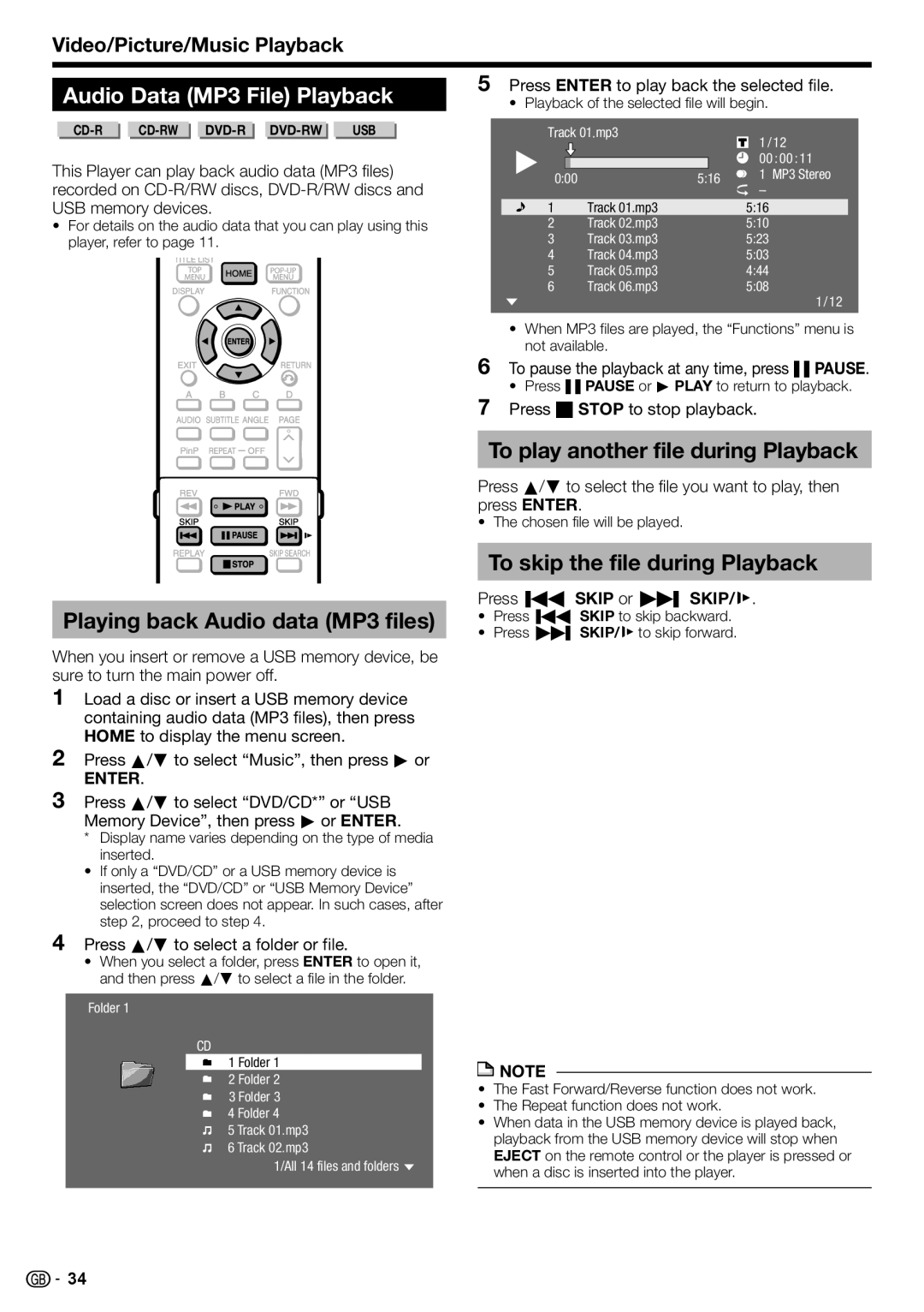 Sharp BD-HP90S Audio Data MP3 File Playback, Playing back Audio data MP3 files, To play another file during Playback 