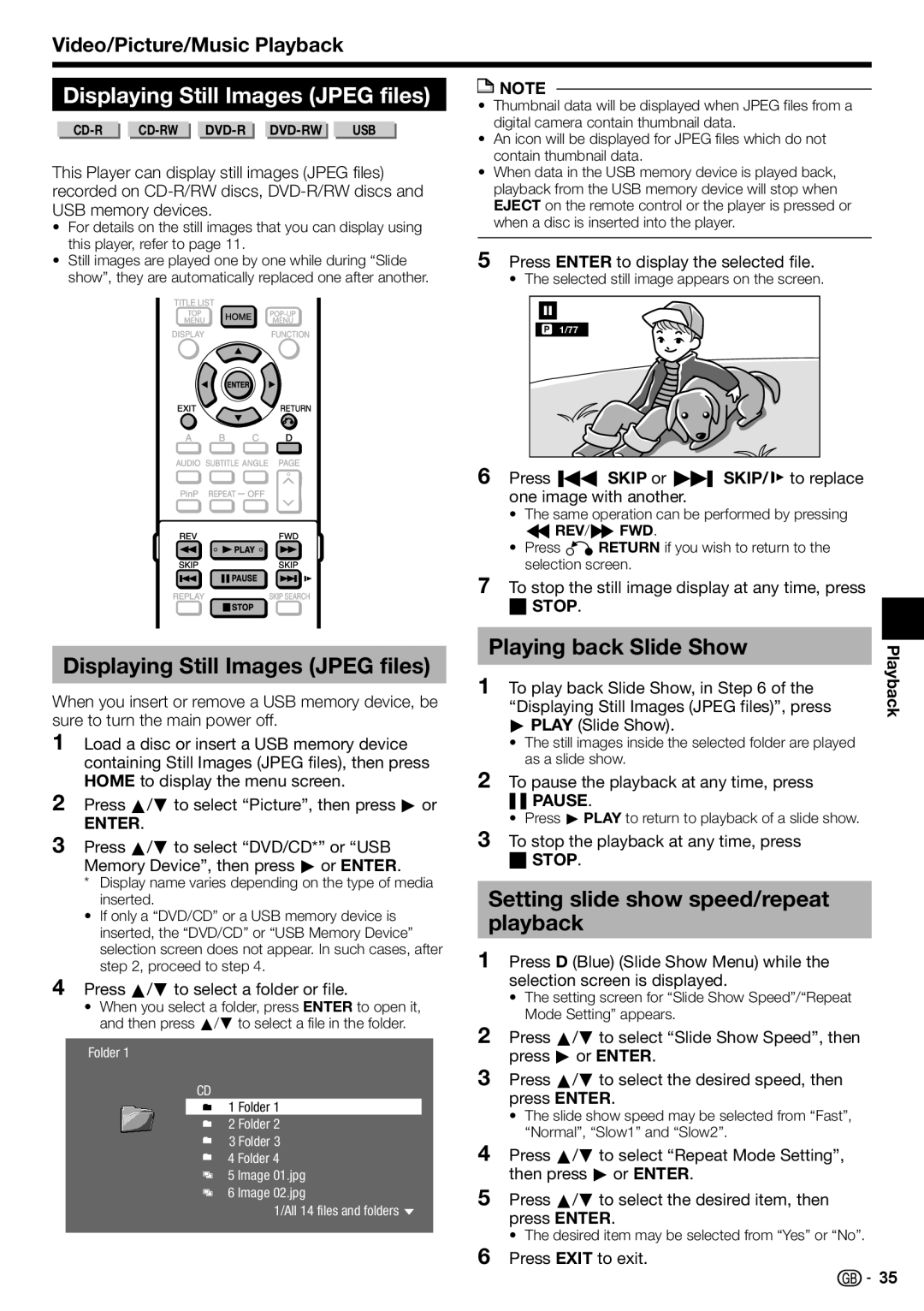 Sharp BD-HP90S Displaying Still Images Jpeg files, Playing back Slide Show, Setting slide show speed/repeat playback 