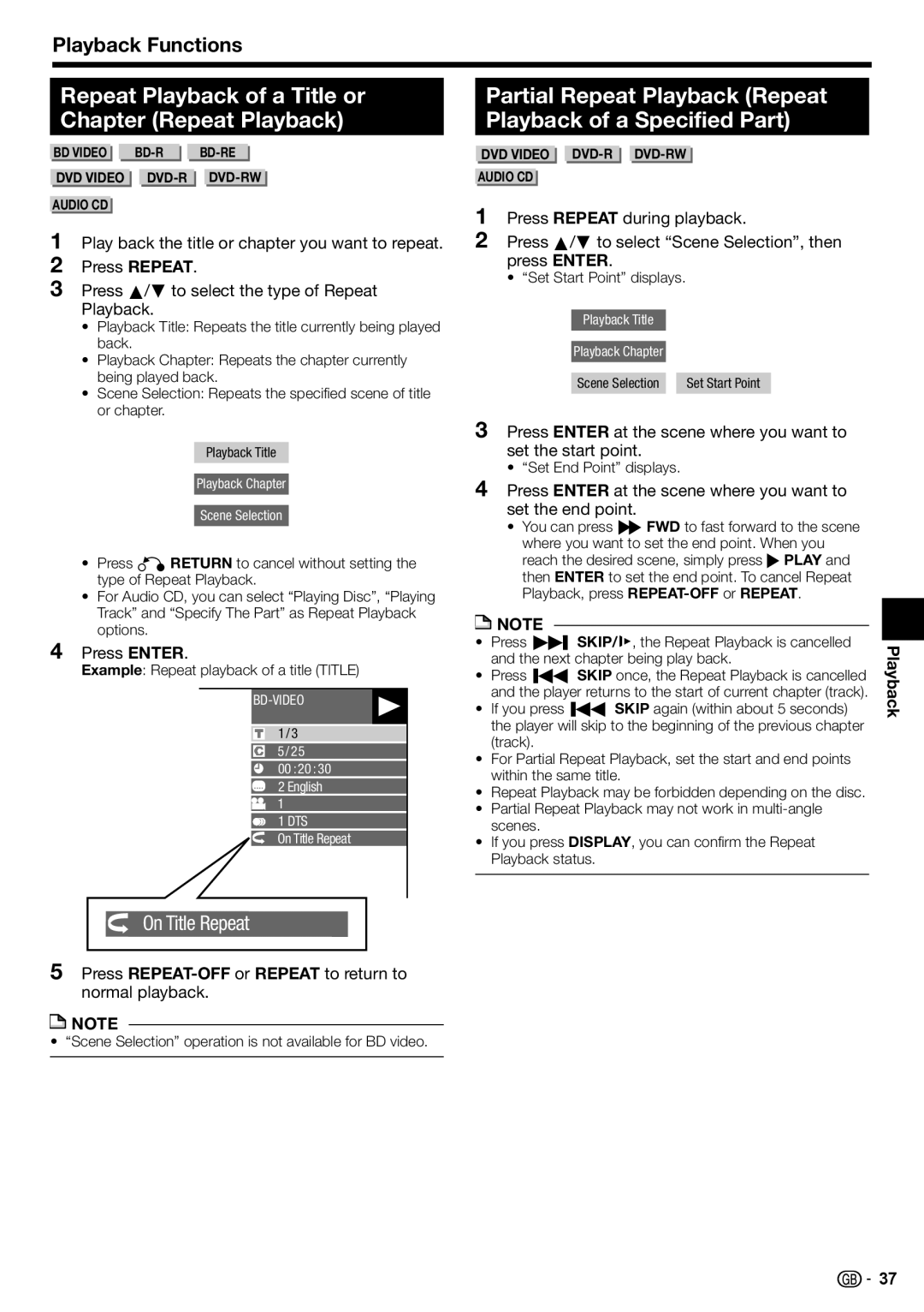 Sharp BD-HP90S operation manual Repeat Playback of a Title or Chapter Repeat Playback, Playback Functions, Press Enter 