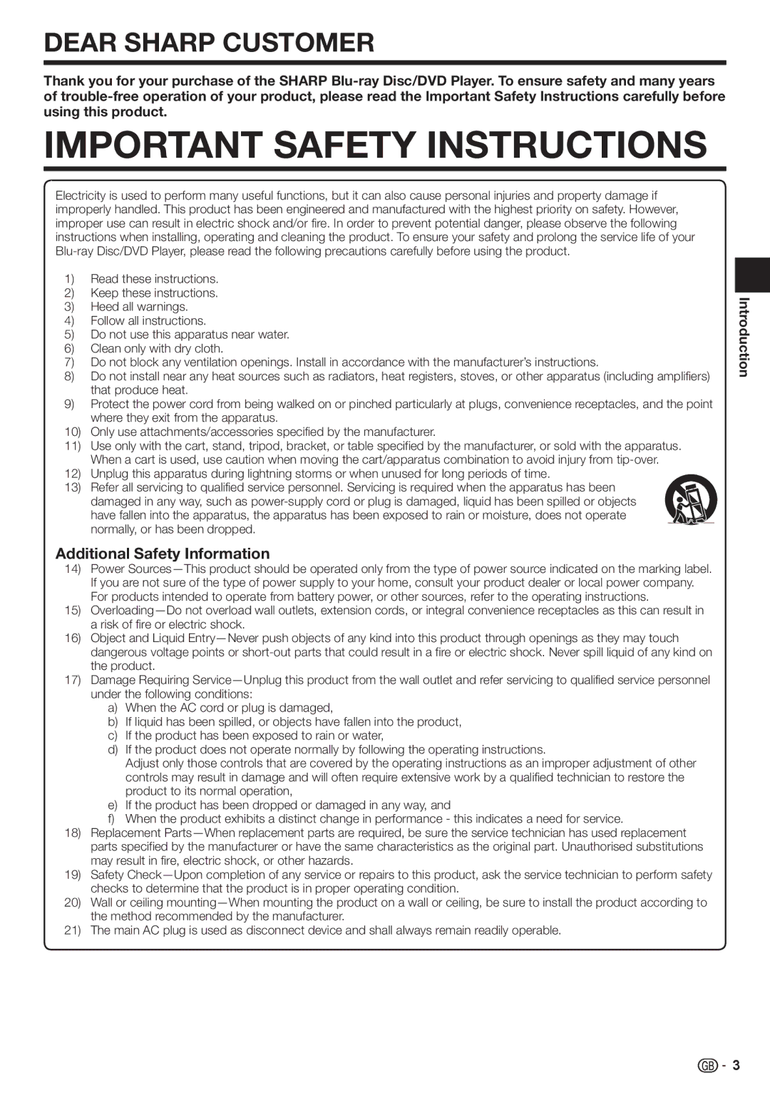 Sharp BD-HP90S operation manual Additional Safety Information, Introduction 