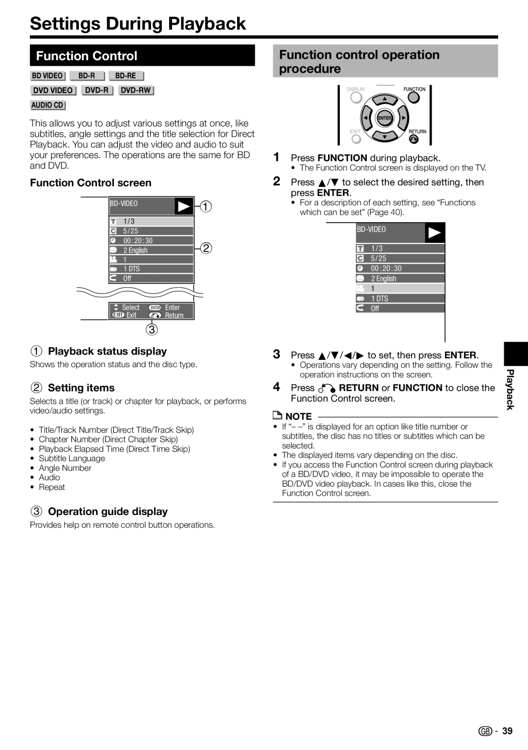 Sharp BD-HP90S operation manual Settings During Playback, Function Control, Function control operation procedure 