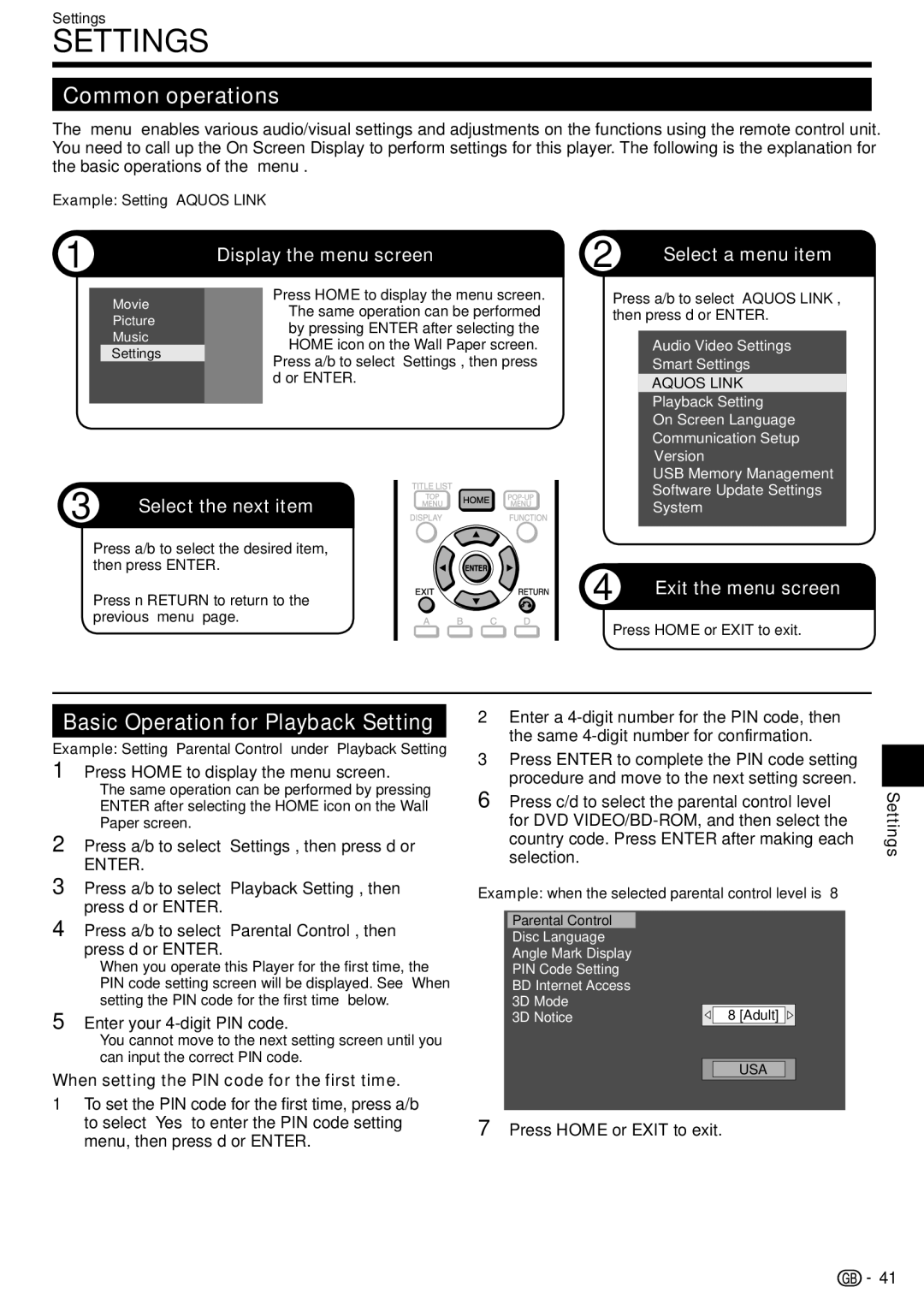 Sharp BD-HP90S Common operations, Basic Operation for Playback Setting, When setting the PIN code for the first time 