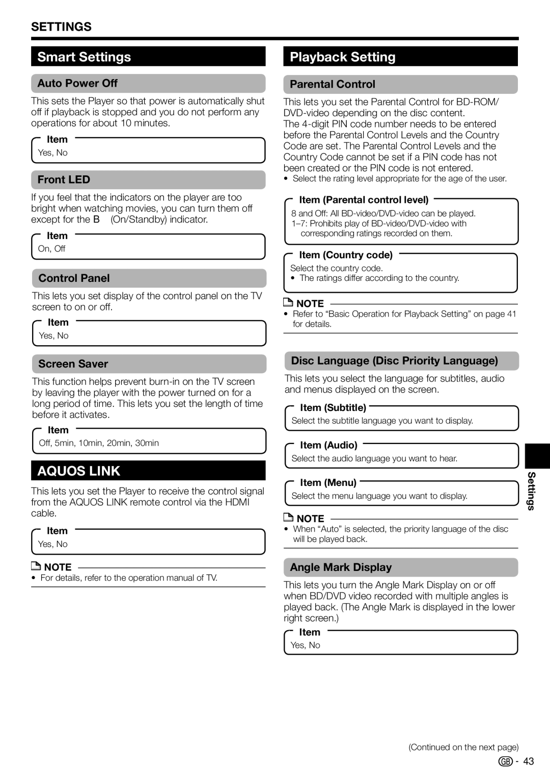 Sharp BD-HP90S operation manual Smart Settings, Playback Setting 